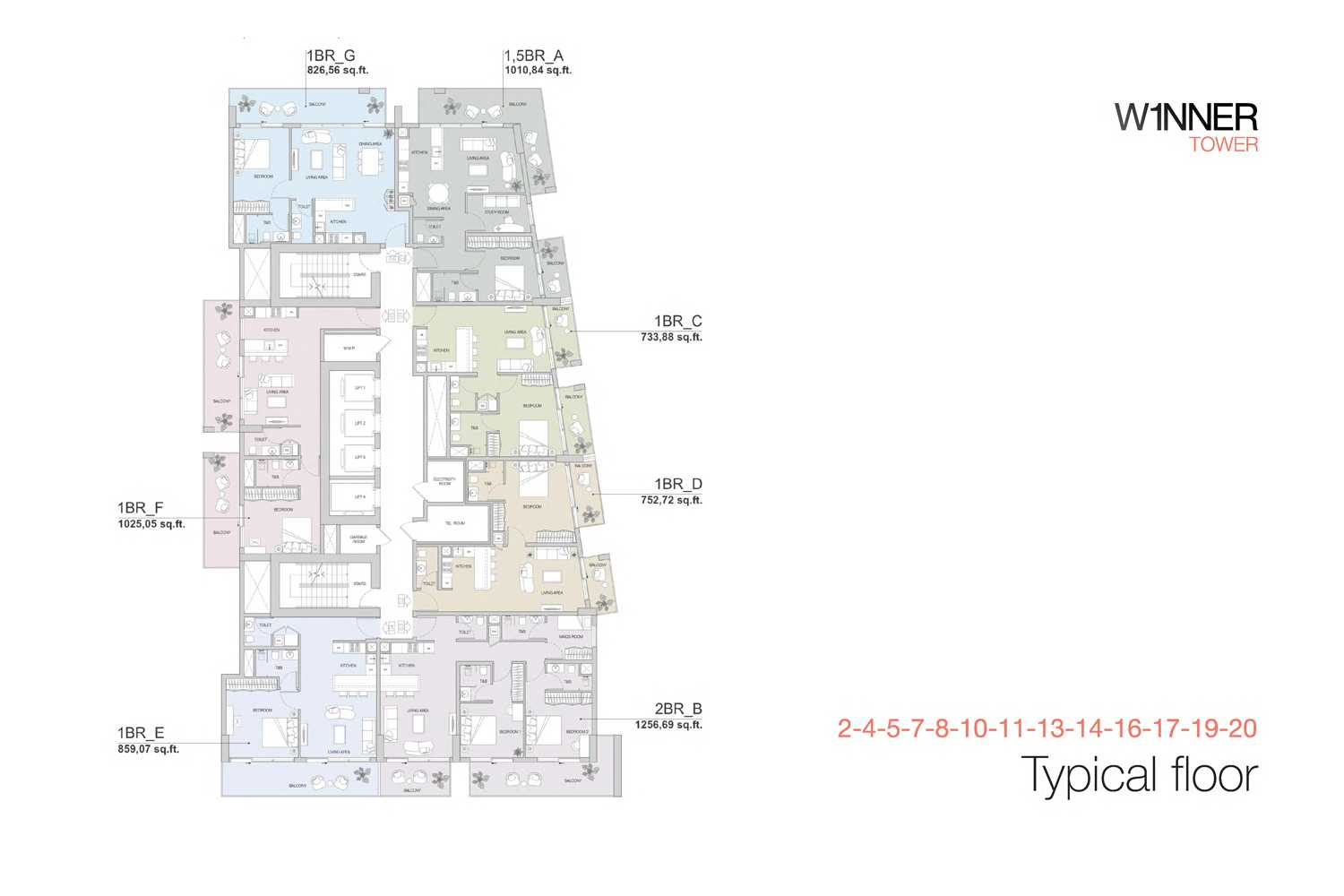 Typical Floor Plan, 2, 4, 5, 7, 8, 10, 11, 13, 14, 16, 17, 19, 20